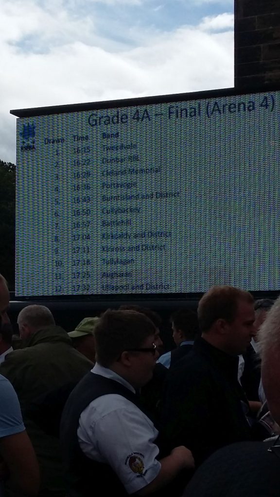 Scoreboard showing draw for Grade 4A Final at World Pipe Band Championships 2016