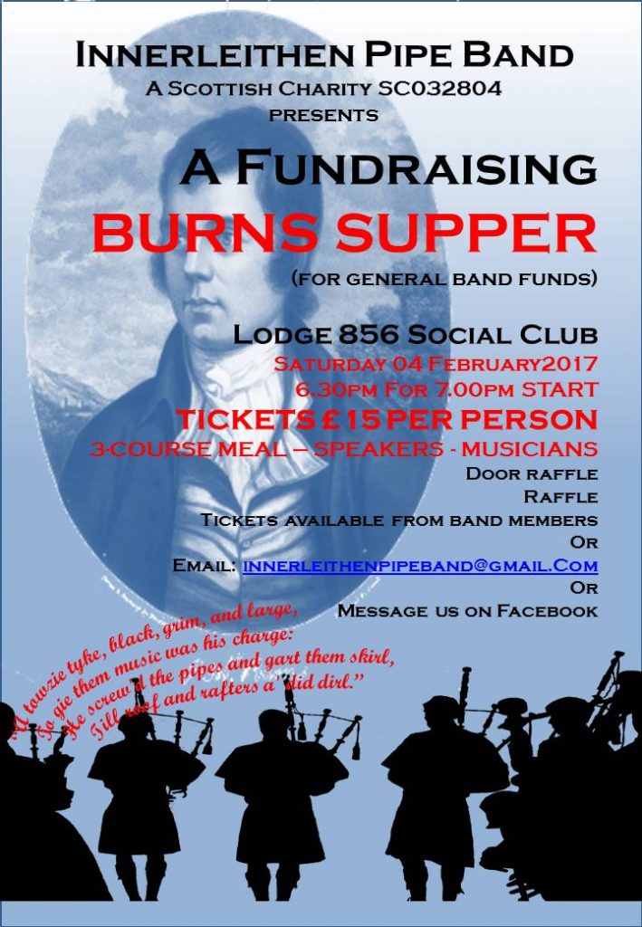 Poster advertising Fundraising Burns Supper 2017 for Innerleithen Pipe Band